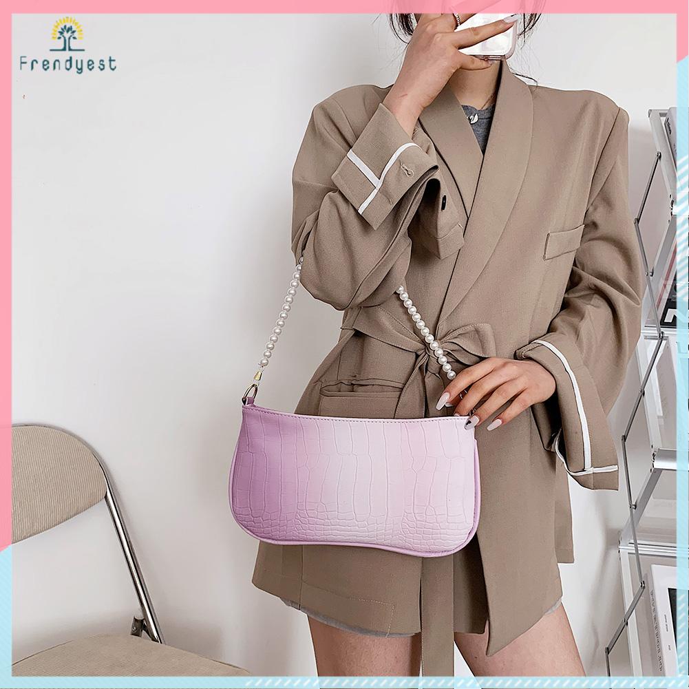 Túi Kẹp Nách Bằng Da PU Họa Tiết Da Cá Sấu Màu Gradient Retro Có Dây Xích Ngọc Trai Dành Cho Nữ (Màu Hồng)