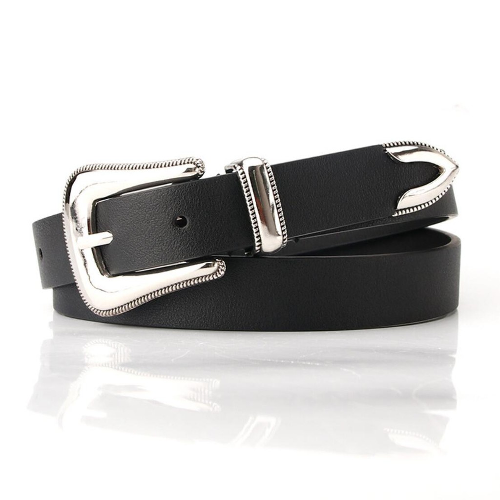 Thắt Lưng Da Màu Bạc Khóa Bạc Phong Cách Retro Cho Nữ