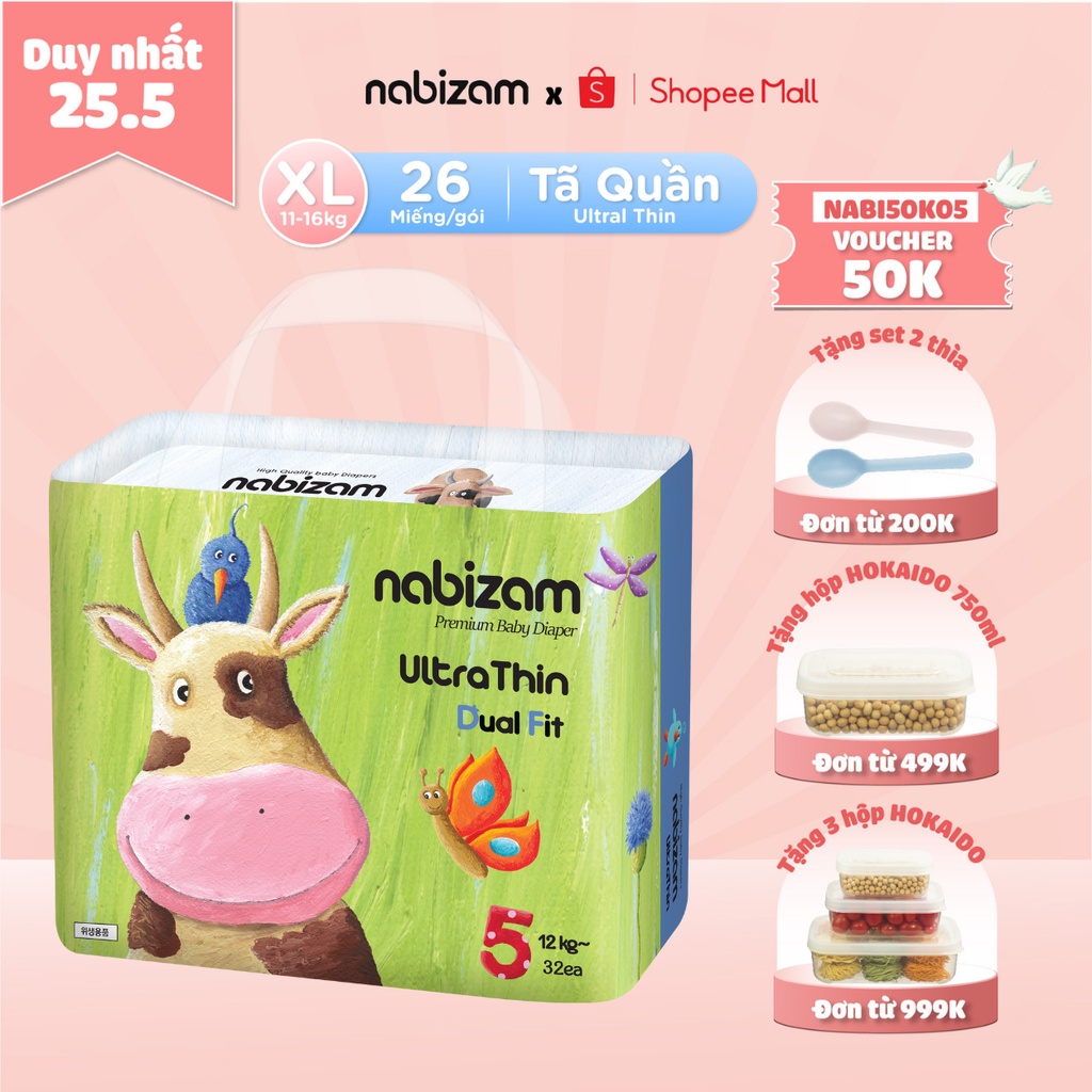 Tã/Bỉm Quần Nabizam UltraThin Nội Địa Hàn Cao Cấp Size XL Cho Bé Từ 11-16kg, 26 miếng