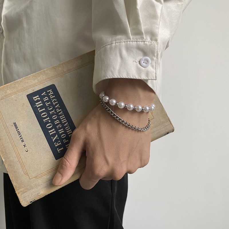 Vòng tay hai lớp đính ngọc trai phong cách hip hop thời trang