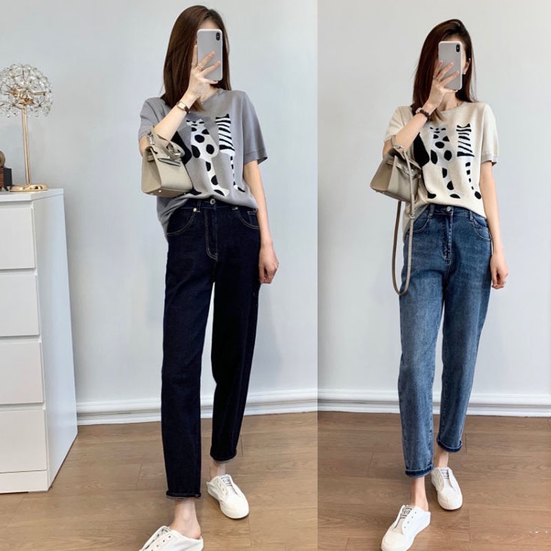 Áo Thun Dệt Kim Mỏng Dáng Rộng Tay Ngắn In Hình Mèo Phong Cách Retro Dành Cho Nữ