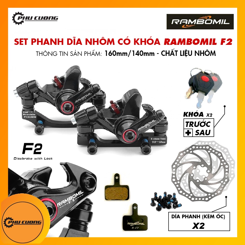 Bộ Phanh Dĩa Nhôm RAMBOMIL F2 Có Khóa Công Nghệ Mới Cho Xe Đạp Thể Thao - F160/R140 &amp; R160/F180