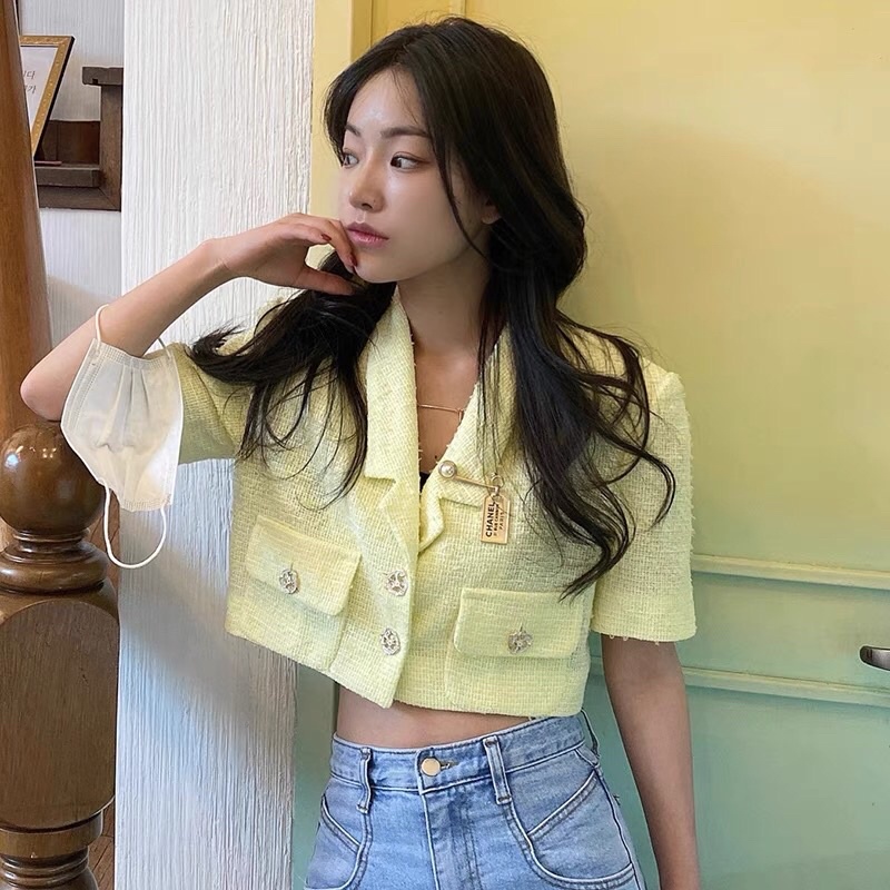 Áo croptop tweed cho nữ dáng ngắn khuy ngọc