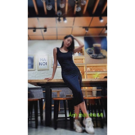 Đầm body ba lỗ rút dây xẻ tà 2 màu đen- xám, váy body sát nách thun co giãn ôm dáng cực kì, váy body MIDORI247