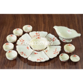 Trọn bộ bát đĩa ĐÀO HỒNG men kem. ĐK 50cm, 57cm. Hàng sứ Bát Tràng