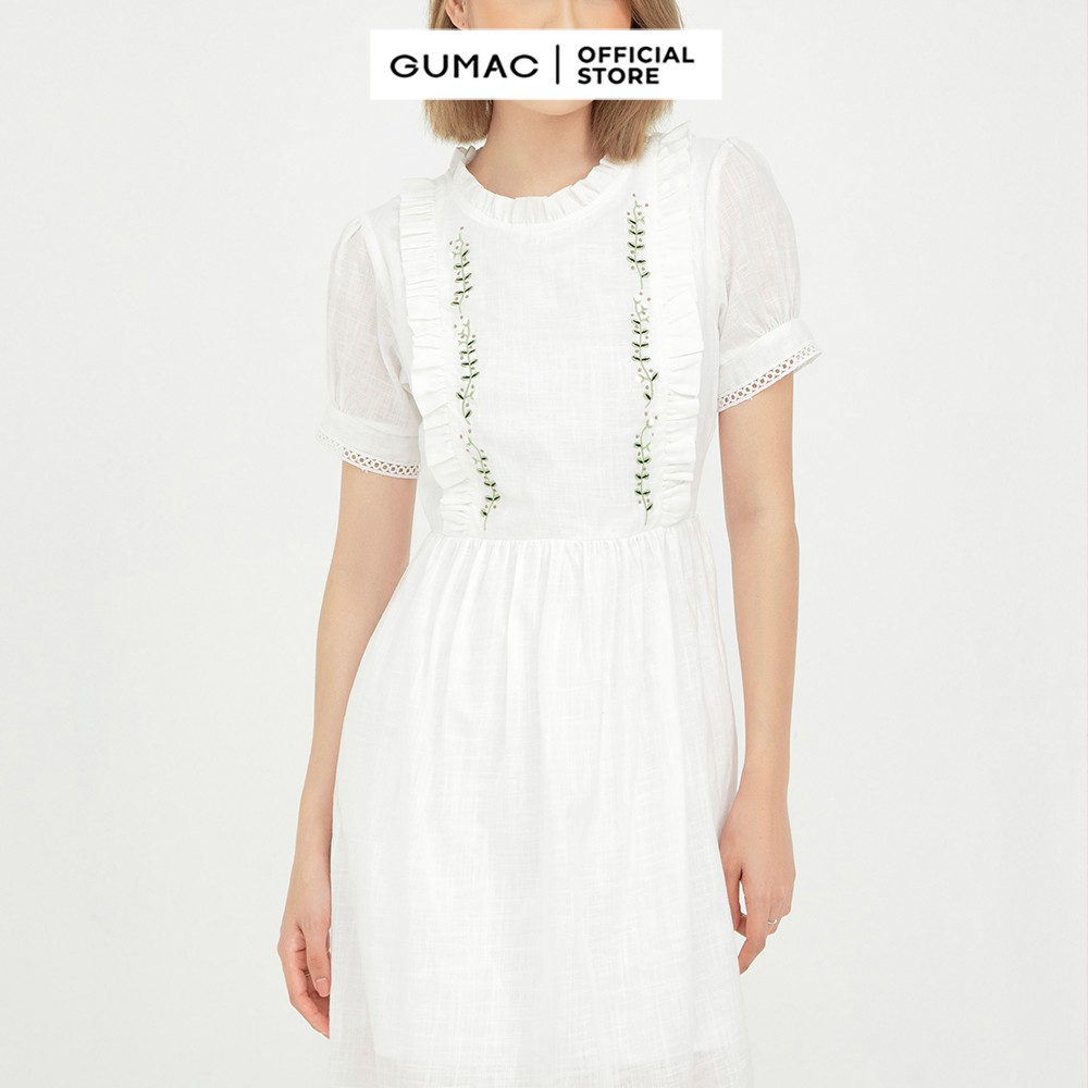 [Mã MABR07062 giảm 8% tối đa 50K đơn từ 249K] Đầm nữ babydoll thêu GUMAC cổ phối bèo dễ thương DB515 | BigBuy360 - bigbuy360.vn