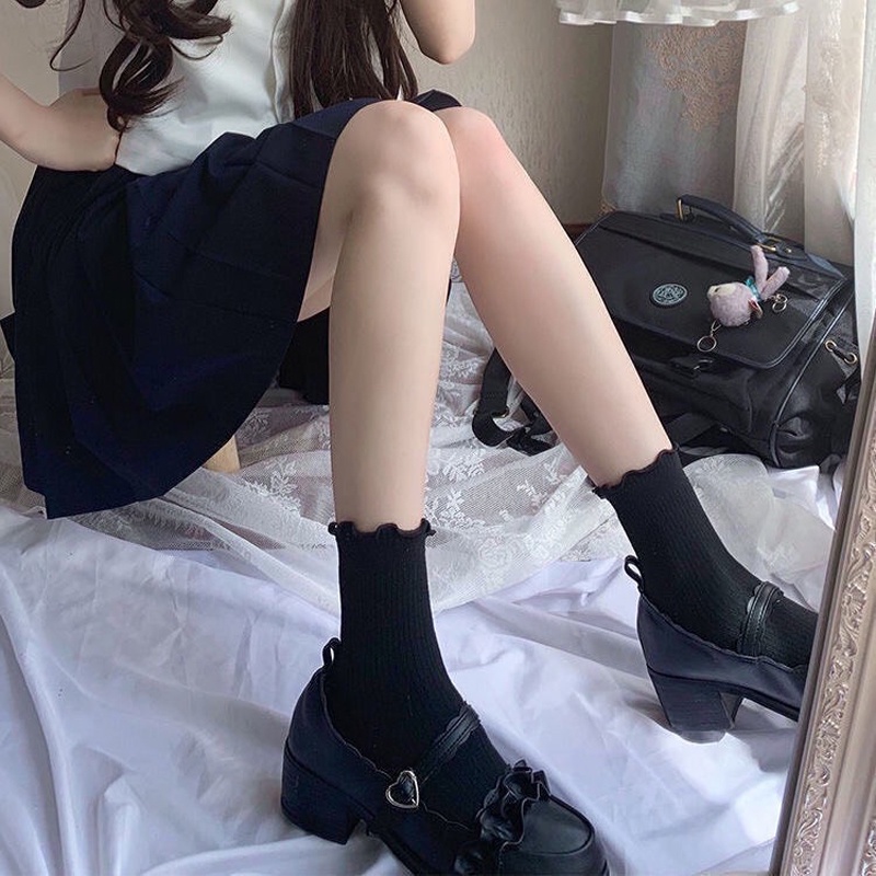 Tất vớ nữ cổ cao trơn bèo nhún Hàn Quốc cute cotton dày đẹp dễ thương ANDOSA T03