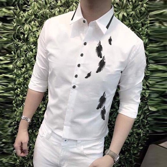 Áo sơ mi nam LÔNG VŨ NÚT ĐEN nổi bật Hàn Quốc dáng ôm vải lụa thái chống nhăn chống xù SIÊU ĐẸP