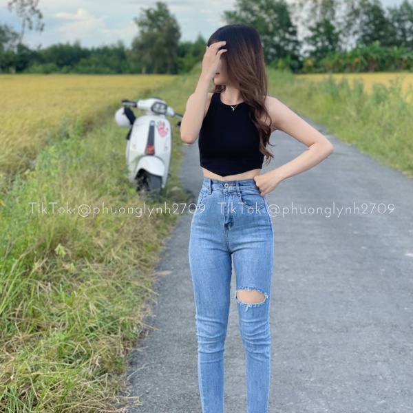 Quần jean cạp cao rách basic , quần skinny jean dài nữ lưng cao PLQ74