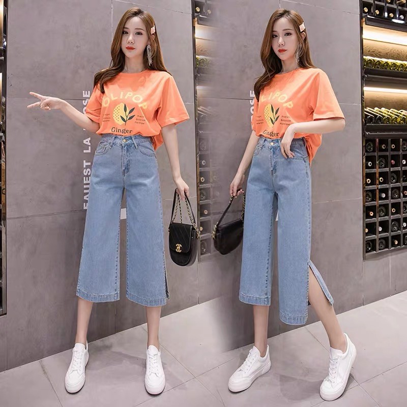 (sẵn đậm size 26) Quần jeans lỡ ống rộng xẻ lai