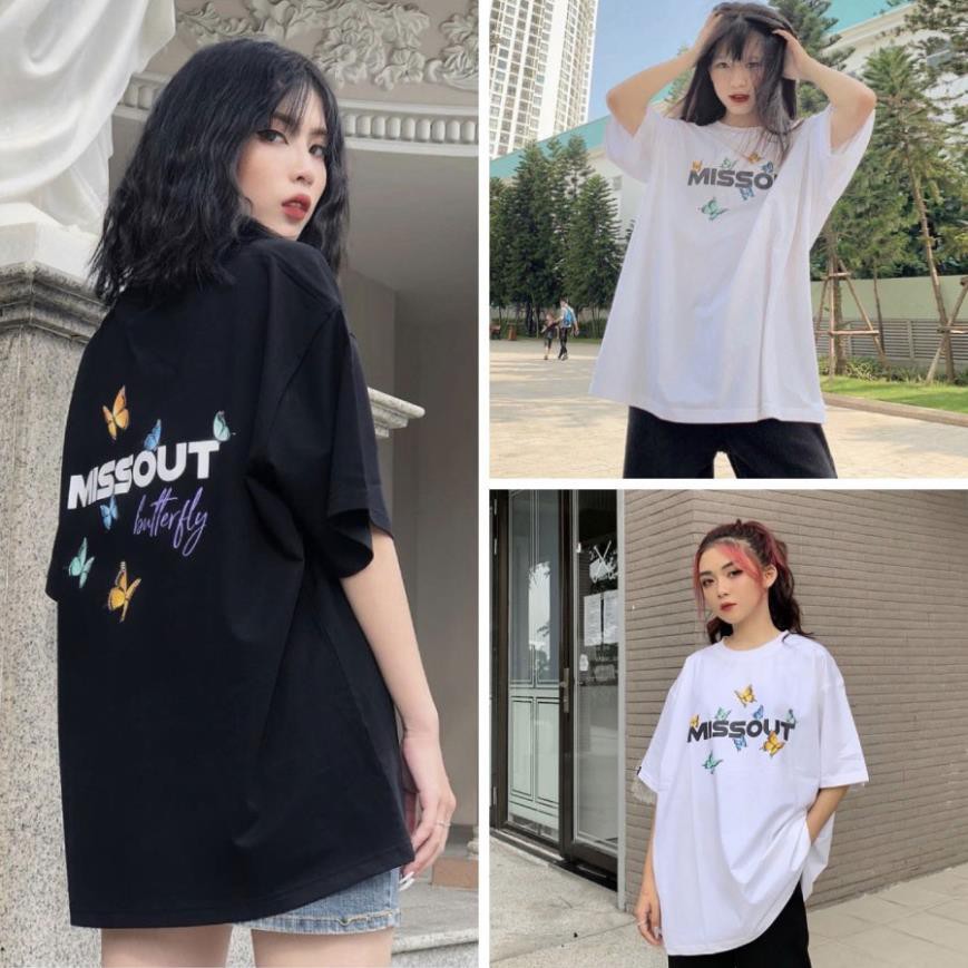 Áo Thun Nữ Mis.s Ou.t Tay Lỡ Dáng Dài 2 Màu Đen Trắng - Áo Thun Form Rộng Chất Liệu Cotton Họa Tiết Cánh Bướm AT003 ་