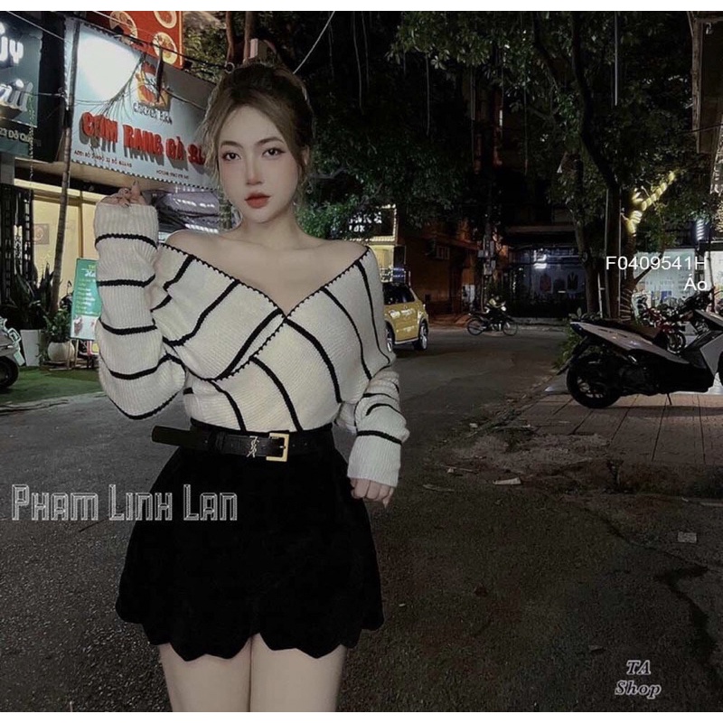 Áo Len đắp chéo ngực bẹt vai sọc kẻ TT0409