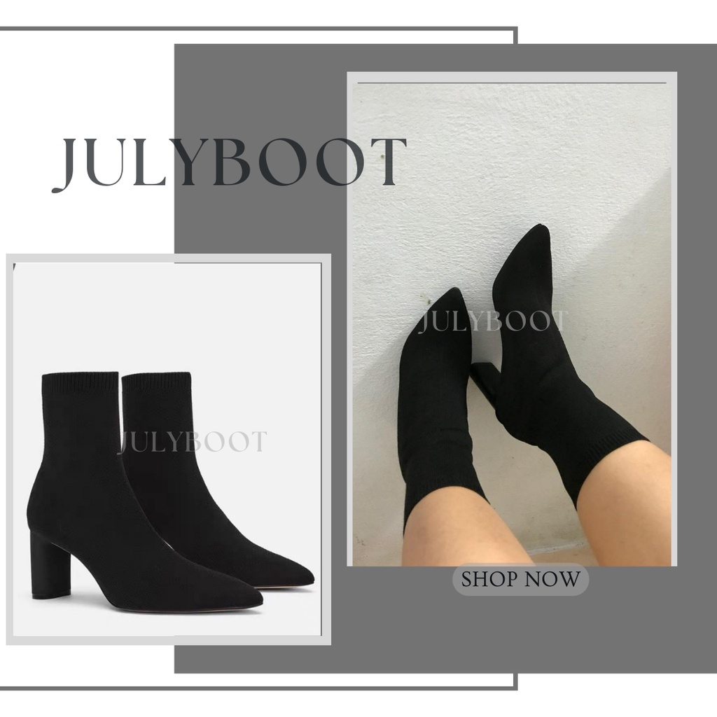 (SẴN) Siêu Ôm Chân - Boots Thun Len Đế Vuông Dẹt Mũi Nhọn Gót 9 Cm