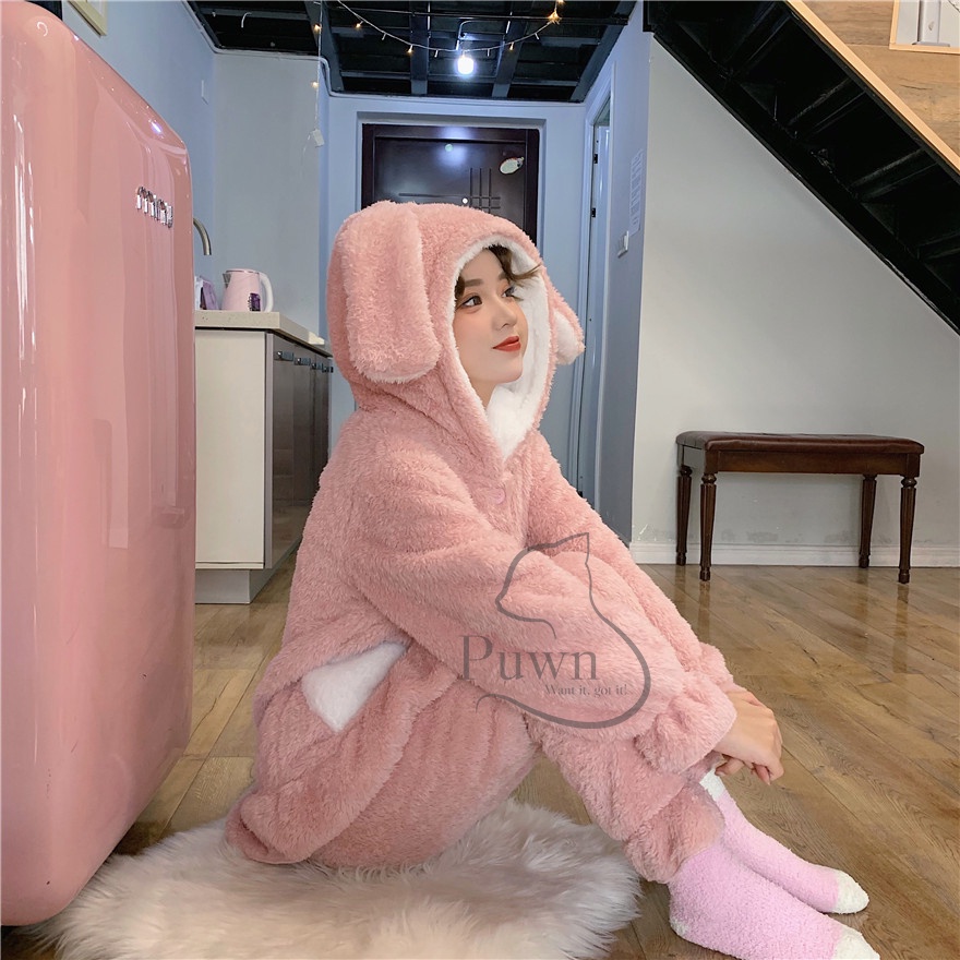 Bộ đồ thỏ mùa đông ấm áp xanh - hồng Puwn Shop