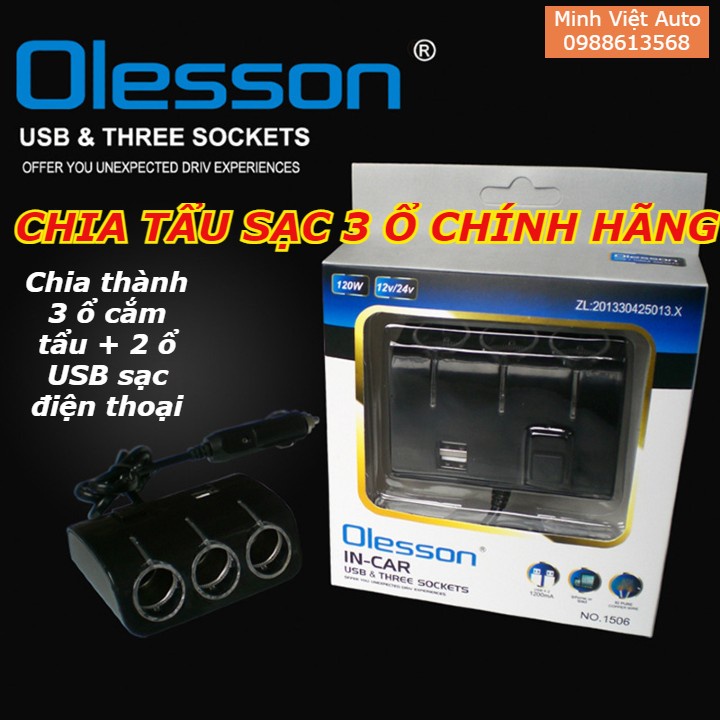 Tẩu chia sạc ô tô,Tẩu chia nguồn 3 ổ và 2 USB hàng cao cấp Olesoon có cầu chì bảo vệ điện an toàn