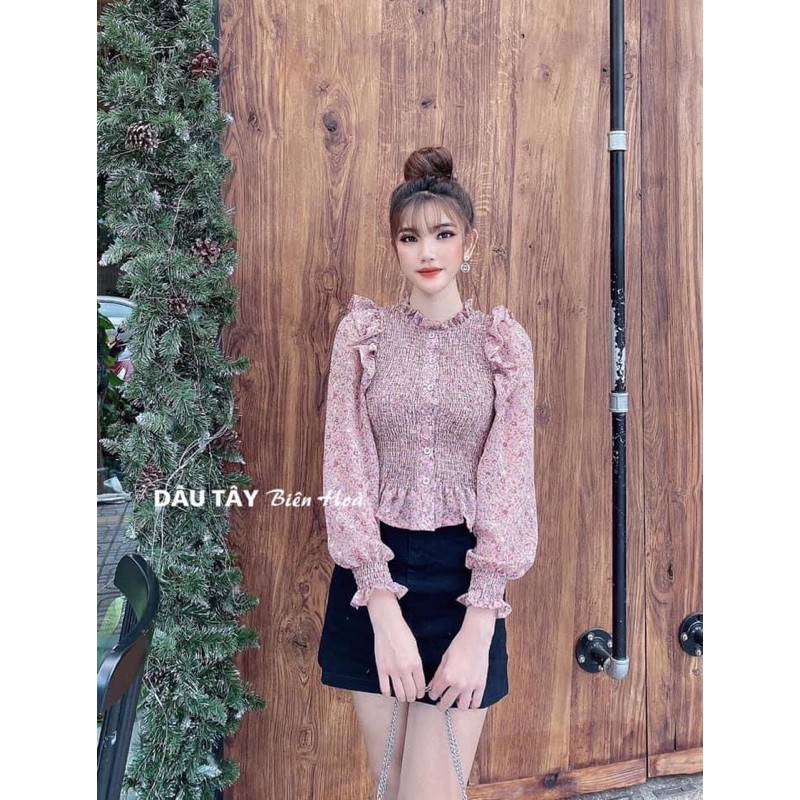 Áo hoa nhí chun ngực vai bèo
