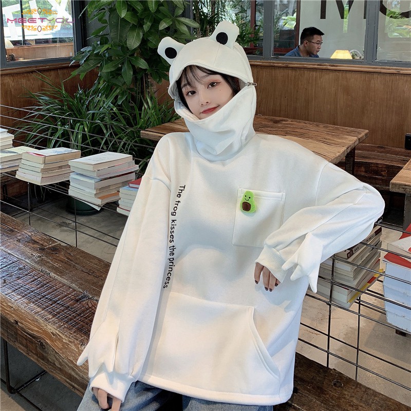 Áo Hoodie Lông Cừu Dày Mềm Mại Giữ Ấm Mùa Đông Dáng Rộng Có Nón Trùm Đầu Hình Chú Ếch