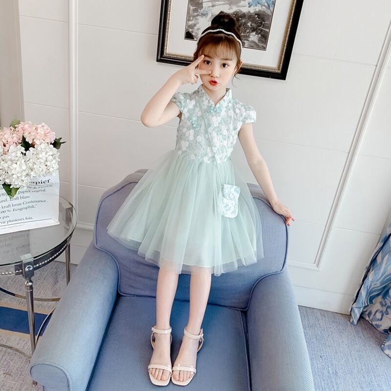 Đầm Sườn Xám Công Chúa Phối Lưới Thời Trang Mùa Hè Cho Bé Gái