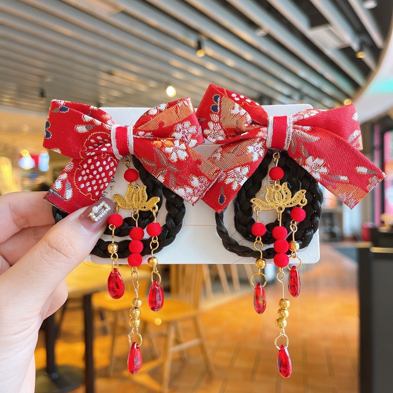 Set 2 Kẹp Tóc Giả Màu Đỏ Mừng Năm Mới Phong Cách Trung Hoa Cho Bé Gái
