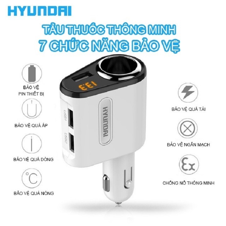 Tẩu sạc Hyundai 1 tẩu tròn (3 USB nhỏ) cao cấp Sạc nhanh 3.1 by Agiadep