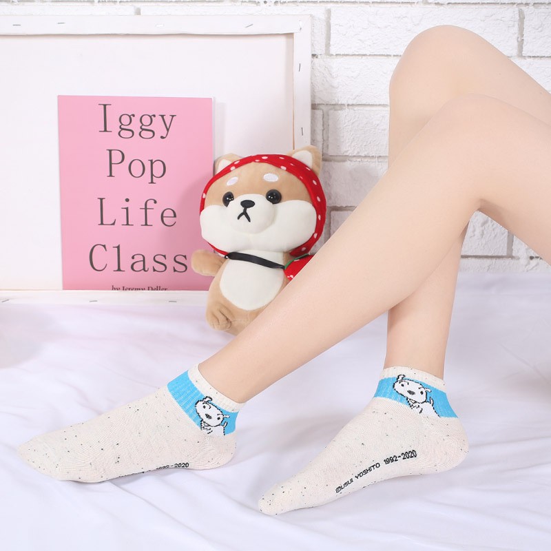 vớ ku Shin cổ ngắn - màu kem chấm đen vintage