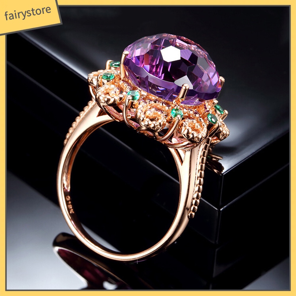 Nhẫn bằng đồng đính đá thạch anh tím giả thời trang cho nữ