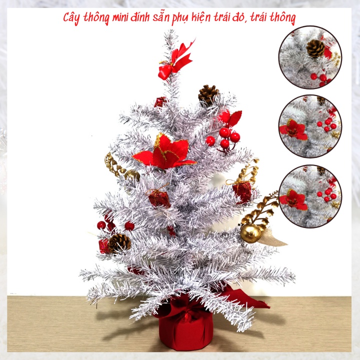 Cây thông noel mini 38cm, 50cm màu trắng đính sẵn phụ kiện trái đỏ, quả thông xinh xắn chỉ cần trưng bày