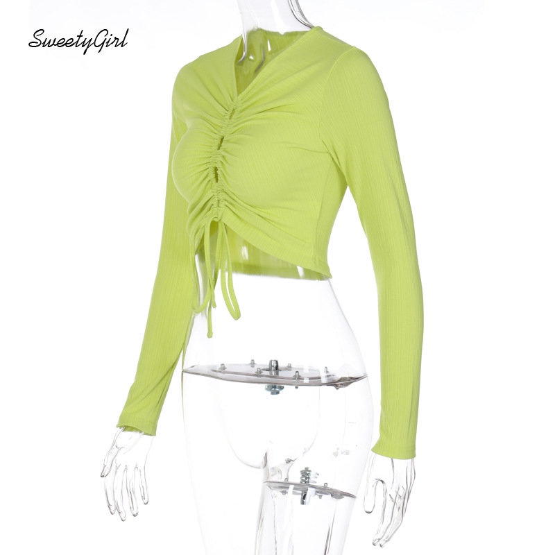 Áo Thun Crop Top Tay Dài Cổ Chữ V Màu Trơn Dáng Ôm Thời Trang 2022 Dành Cho Bạn Nữ