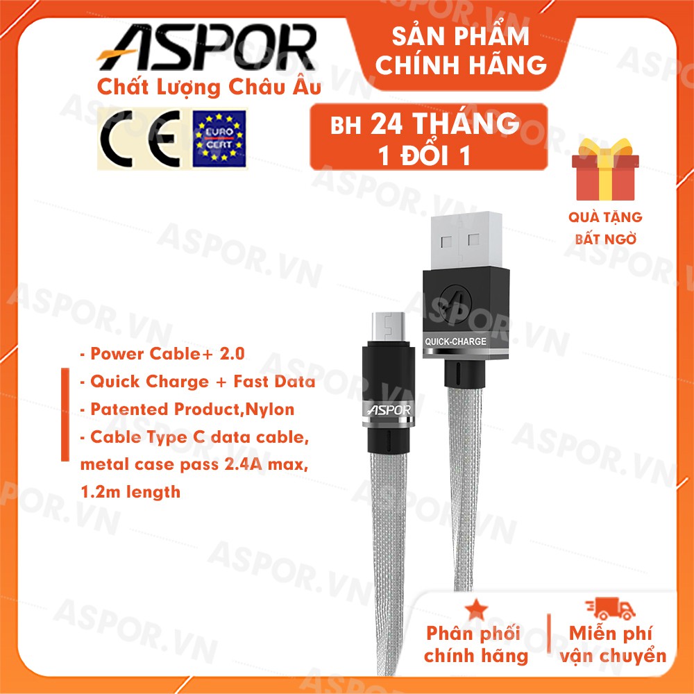 Cáp sạc ASPOR  USB-Type C 2.4A Fast charge dài 1.2m - A137