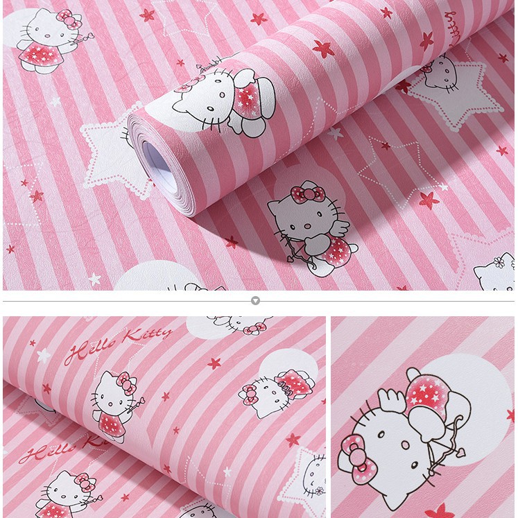 (Combo 5m) Giấy dán tường Hello Kitty sọc hồng khổ rộng 60cm có keo sẵn, Decal giấy dán tường màu hồng dễ thương