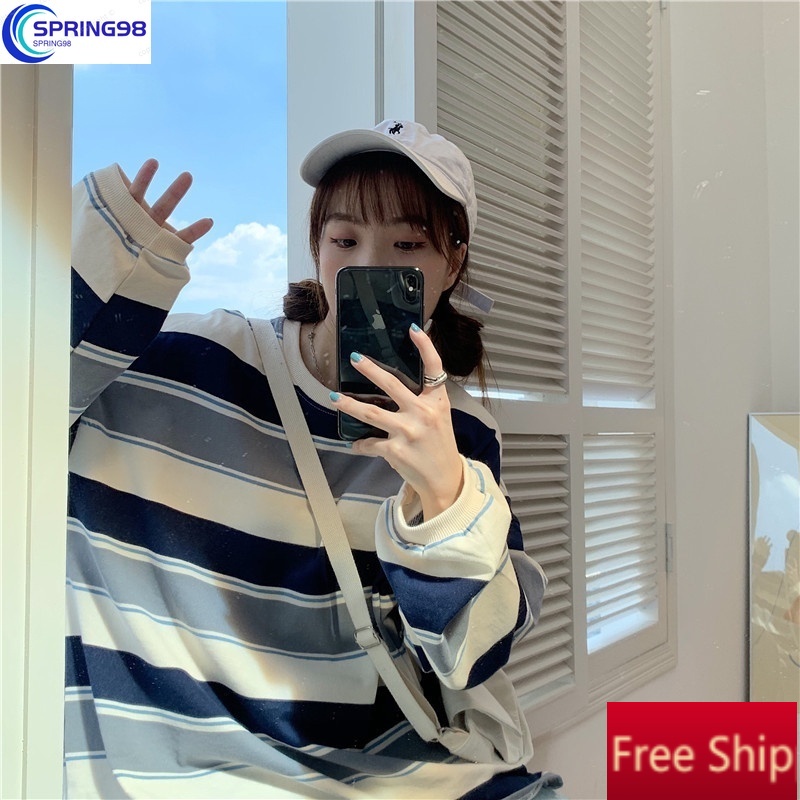 Spring Shop Áo Sweater Kẻ Sọc Ngang Nhiều Màu Phong Cách Hàn Quốc Xinh Xắn Cho Nữ (D1-4-1)