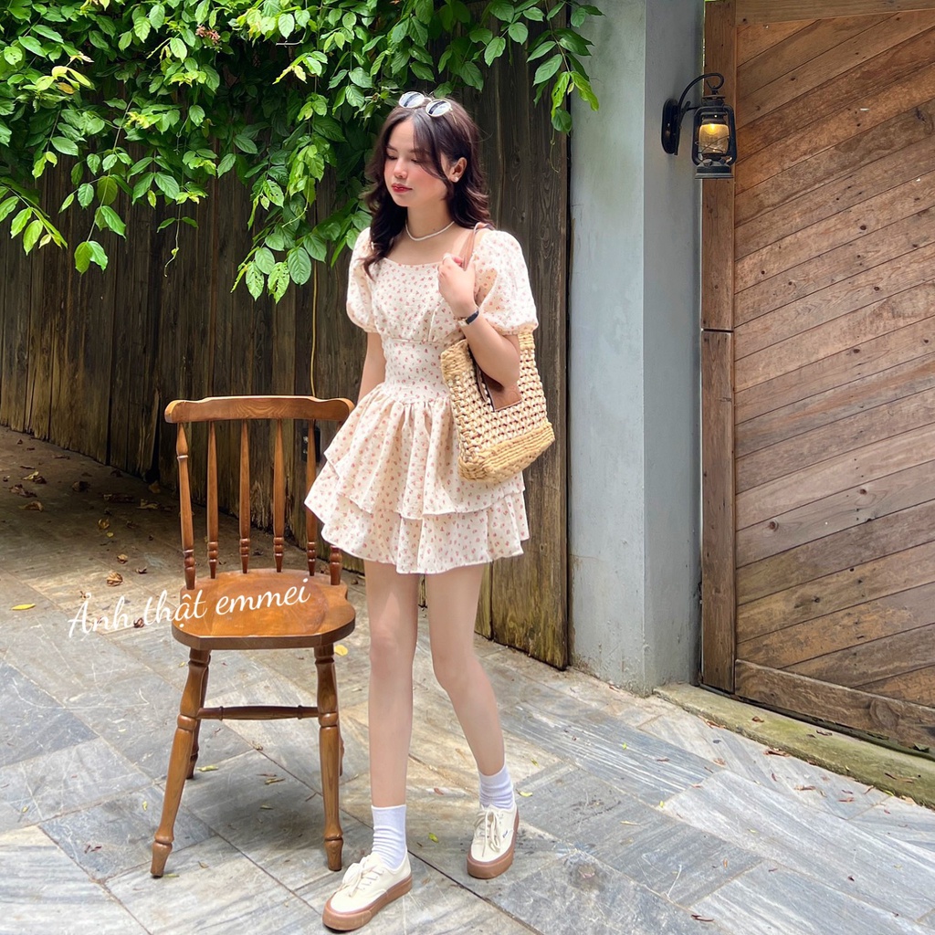 Váy hoa nhí 2 tầng tay phồng, đầm hoa vintage dáng xoè ngắn tiểu thư Emmei v140
