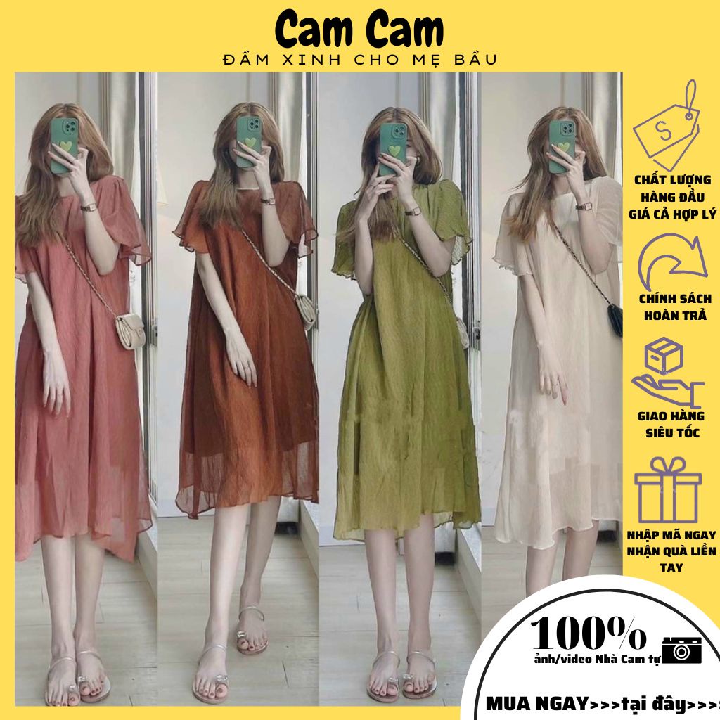 Váy bầu xinh chất voan cao cấp 2 lớp, tay phồng nhiều màu cực xinh