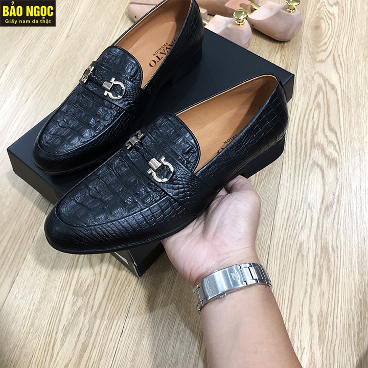 GIÀY LƯỜI IN CÁ SẤU BĂNG XÍCH CỰC CHẤT - GIẦY LƯỜI NAM DA BÒ 100% DẬP VÂN CÁ SẤU, ĐẾ CAO SU- MÃ K15 ĐEN