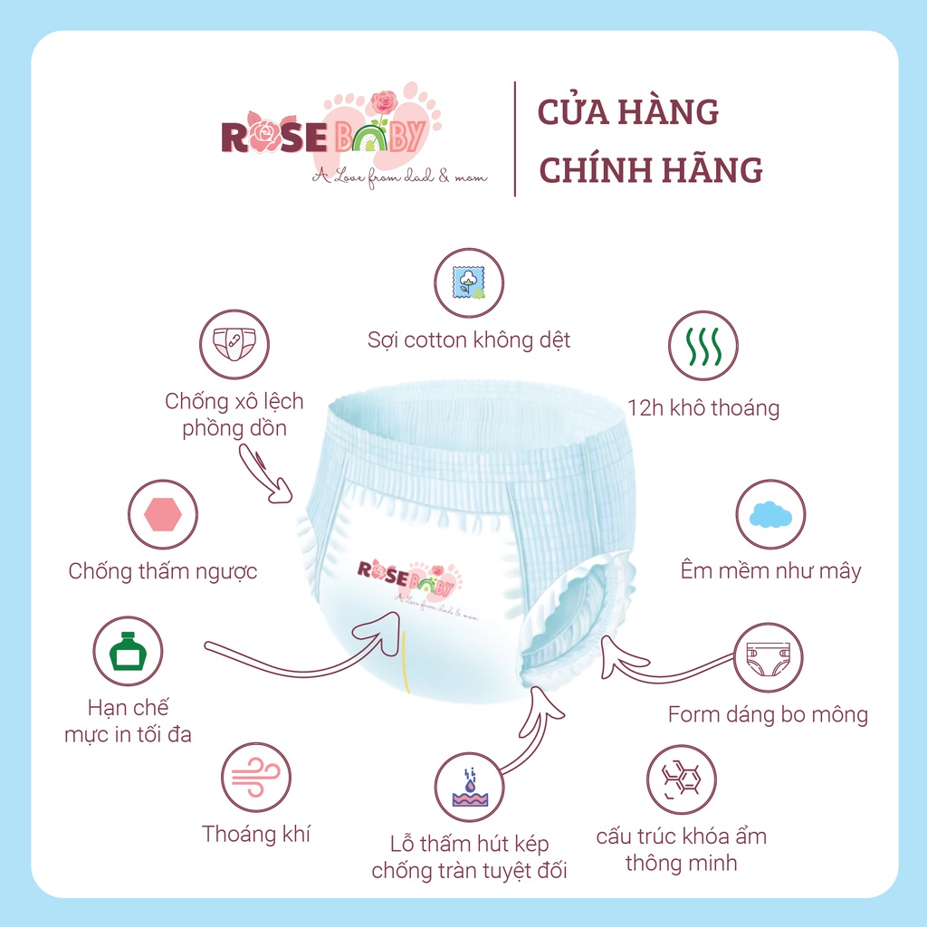 Bịch bỉm quần Rose Baby đủ size chống hăm an toàn cho làn da bé