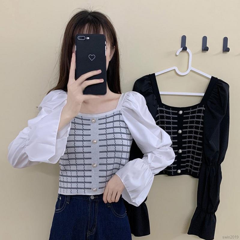 Áo Kiểu Nữ Dài Tay Cổ Vuông Phối Ca Rô Thời Trang Hàn