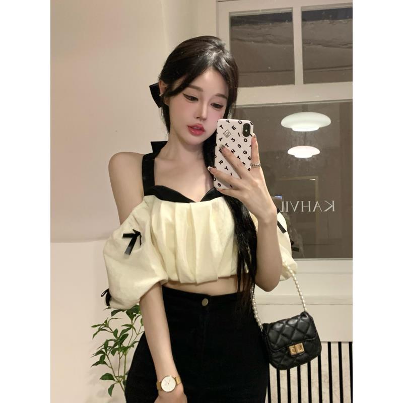 Jiashucheng Áo Ngắn Tay Phồng Hở Vai Phối Màu Ngọt Ngào Thời Trang Xuân Hè Phong Cách Mới Cho Nữ