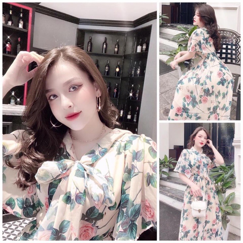 Váy hoa cổ nơ tay xoè