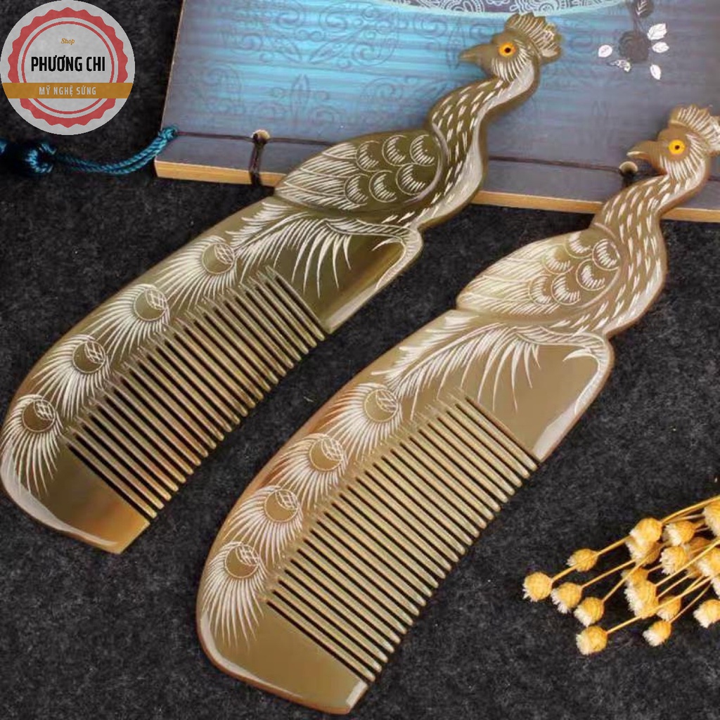 Lược sừng chạm tách hình công tỉ mỉ cao cấp, lược chải tóc gỡ rối massage đầu | Mỹ nghệ phương chi