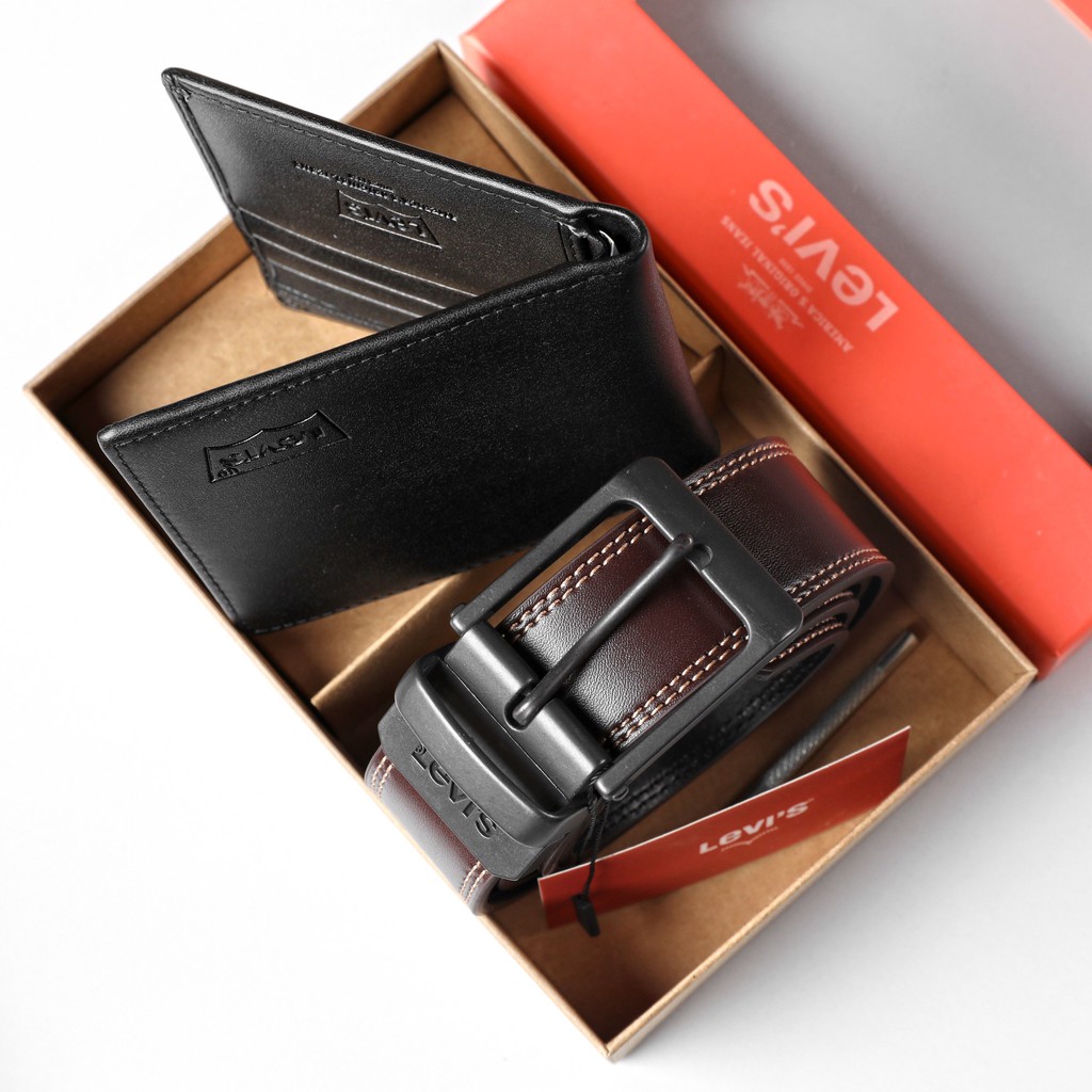 Set Thắt Lưng  + Ví Levis 2 mặt dây đen nâu - Cam Kết Chuẩn Auth FullBox - Không bong tróc