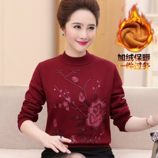 (Sẵn) Áo len trung niên nữ cao cấp, hoạ tiết hoa hồng , lót lông ấm áp, NV0562