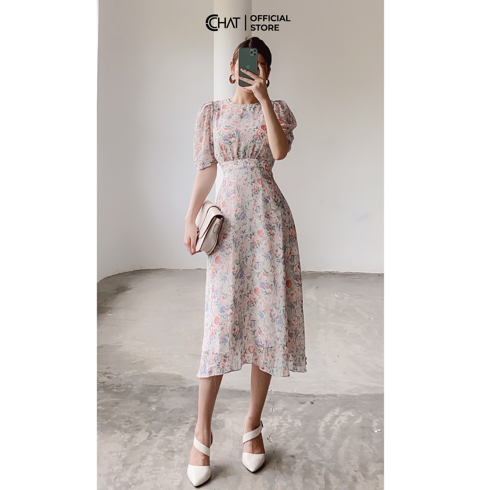 Váy nữ tay lỡ nhún cổ tròn CCHAT | BigBuy360 - bigbuy360.vn