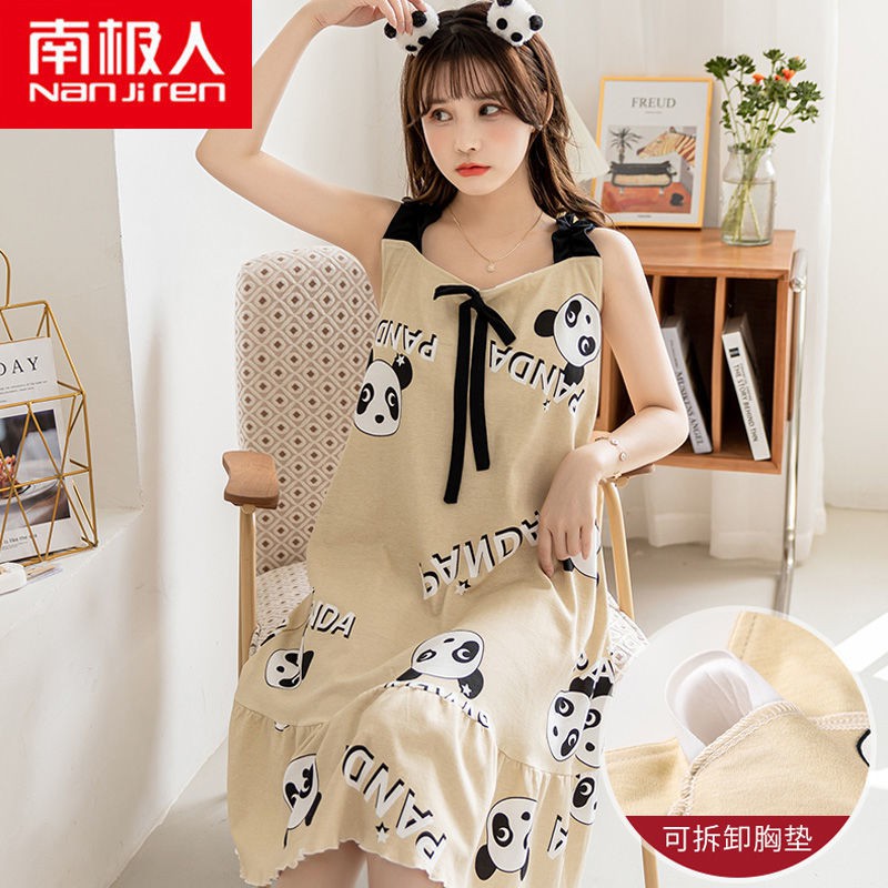 Bộ đồ ngủ cotton mỏng của phụ nữ Nam Cực với đệm ngực sling váy Sky vest quyến rũ gợi cảmT