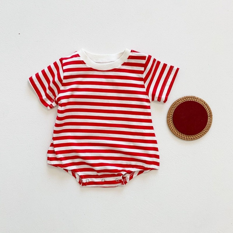 Bộ Áo Liền Quần Ngắn Tay Họa Tiết Kẻ Sọc Thời Trang Mùa Hè Cho Trẻ Sơ Sinh
