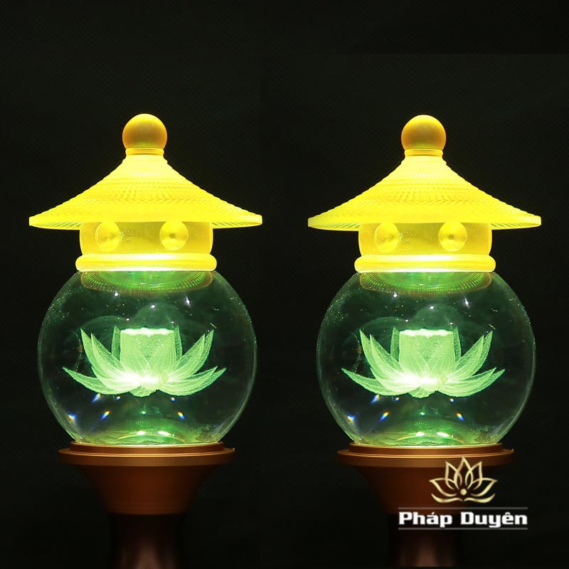 Đôi Đèn Thờ Pha Lê Cầu Nắp Ô Lưu Ly Thân Nâu Chân Vàng, Cao 23-58cm - Đèn Thờ Hoa Sen In Chìm