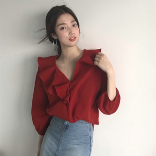 Áo sơ mi vải voan cổ bèo điệu đà (ORDER)