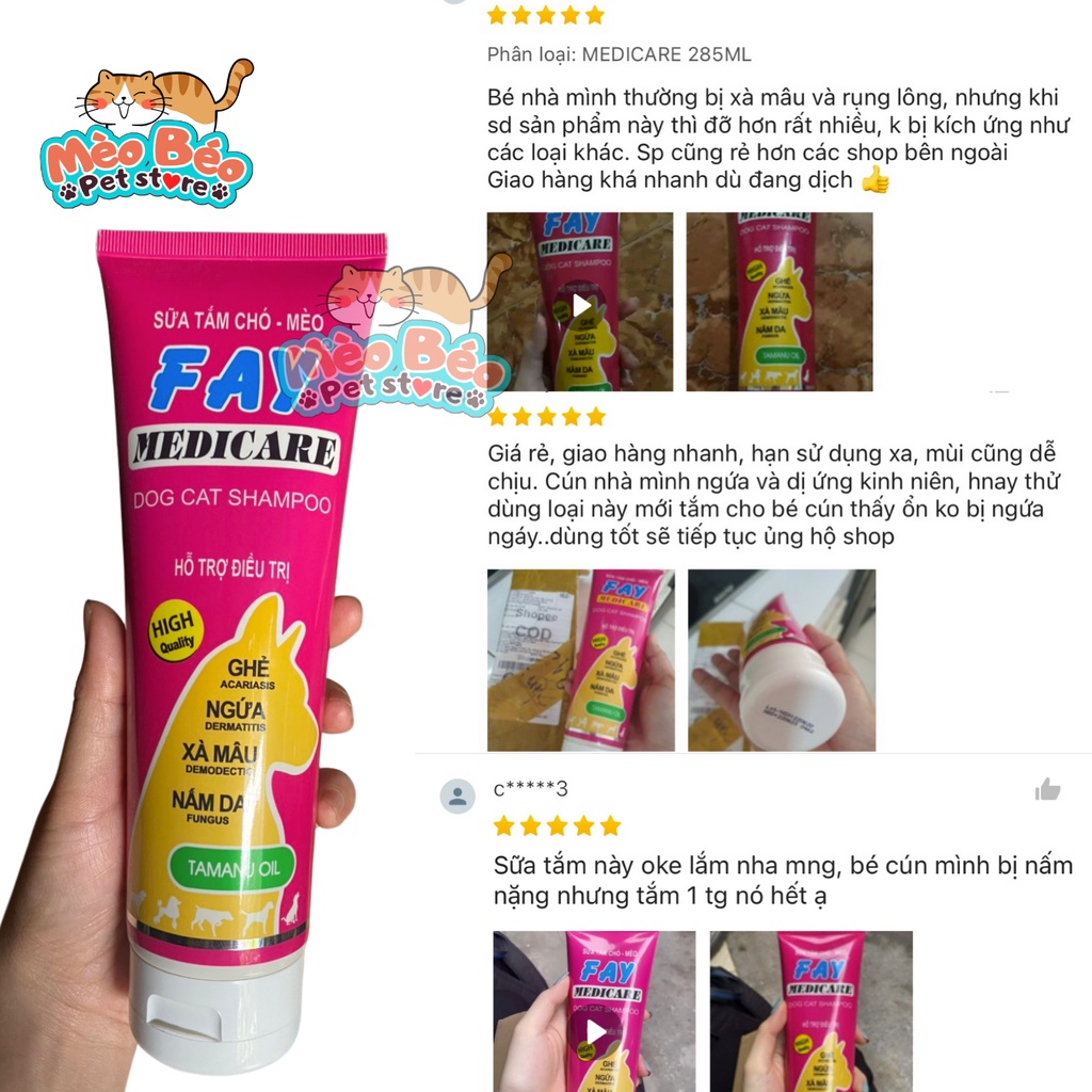 Sữa tắm chó mèo FAY MEDICARE hết ghẻ ngứa, xà mâu, nấm da vảy gàu rụng lông - 285ml