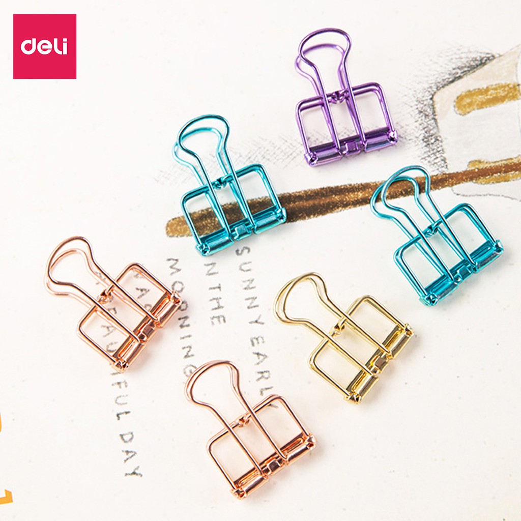 Kẹp bướm văn phòng nhiều màu DELI - Dùng cho tài liệu giấy tờ - mạ vàng hồng - 6 chiếc và 8 chiếc hộp 78206/78207