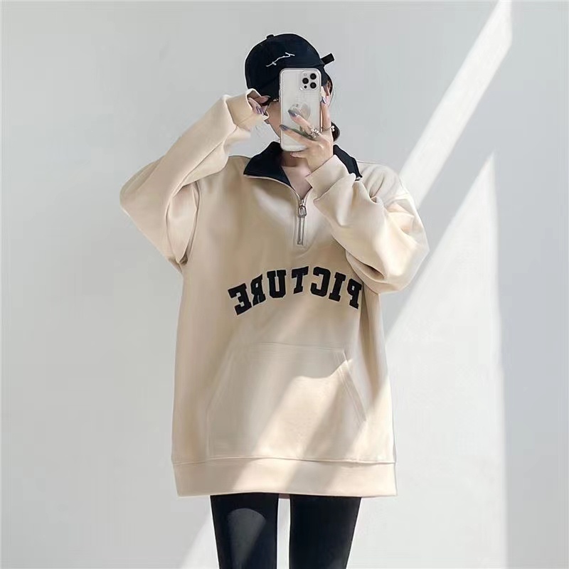 Áo thun polo ZHELIHANGFEI tay dài cổ có khóa kéo thêu họa tiết phong cách preppy thời trang cho nữ