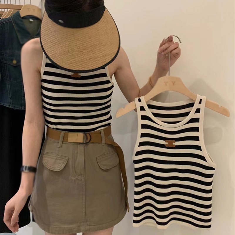 Áo Tank Top Hai Dây Ôm Dáng Họa Tiết Kẻ Sọc Màu Tương Phản Phong Cách Hàn Quốc Cho Nữ
